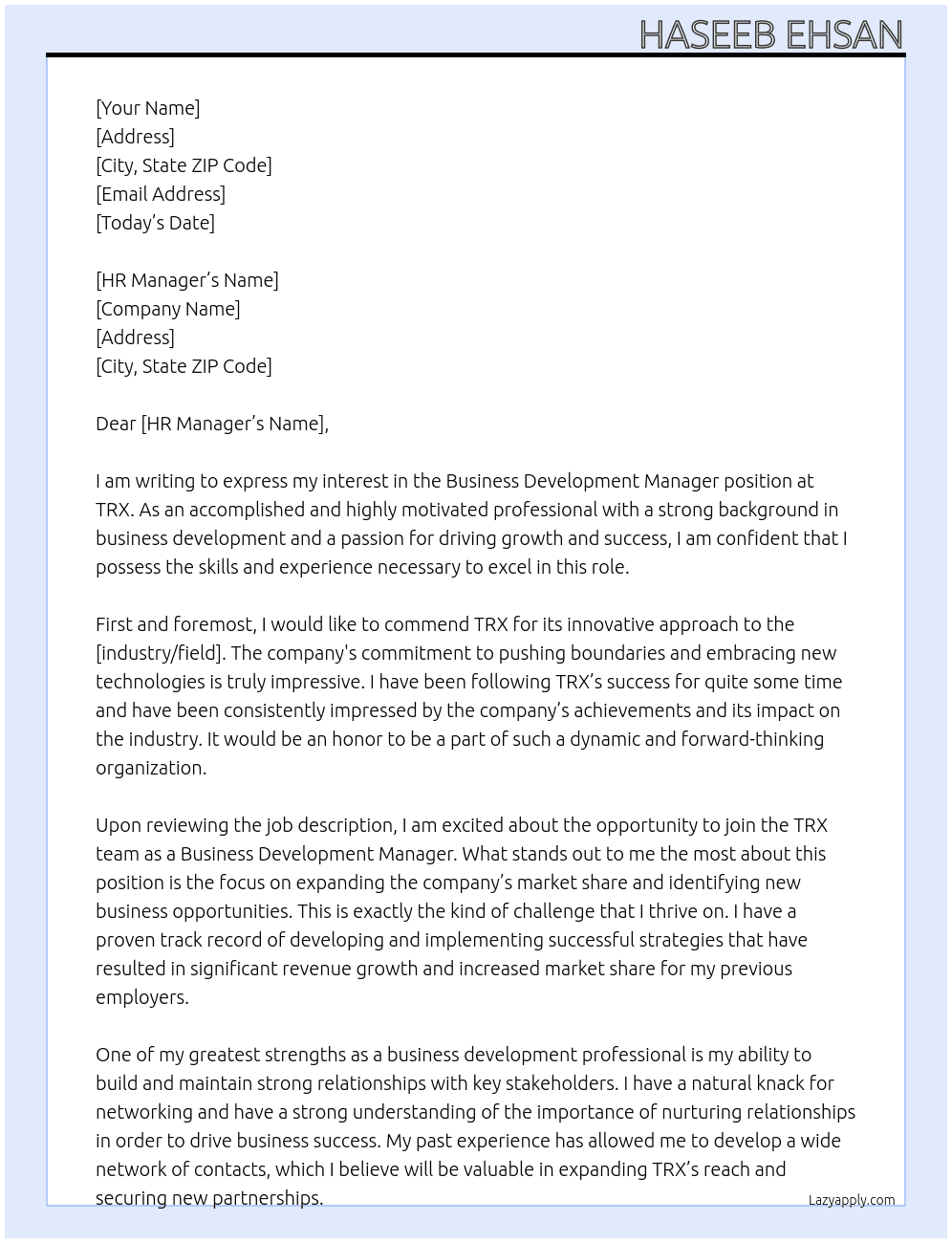 Business Development Manager At TRX Cover Letter