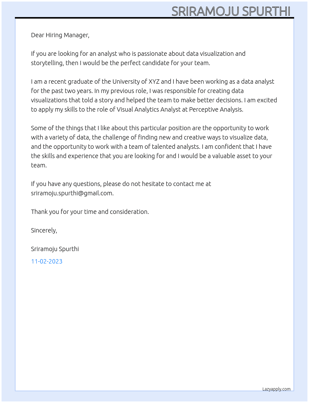 Analyst - Visual Analytics At Perceptive Analysis Cover Letter