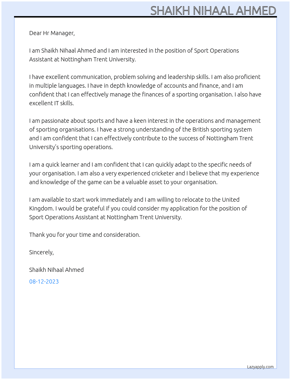 Sport Operations Assistant At Nottingham Tresnt University Cover Letter