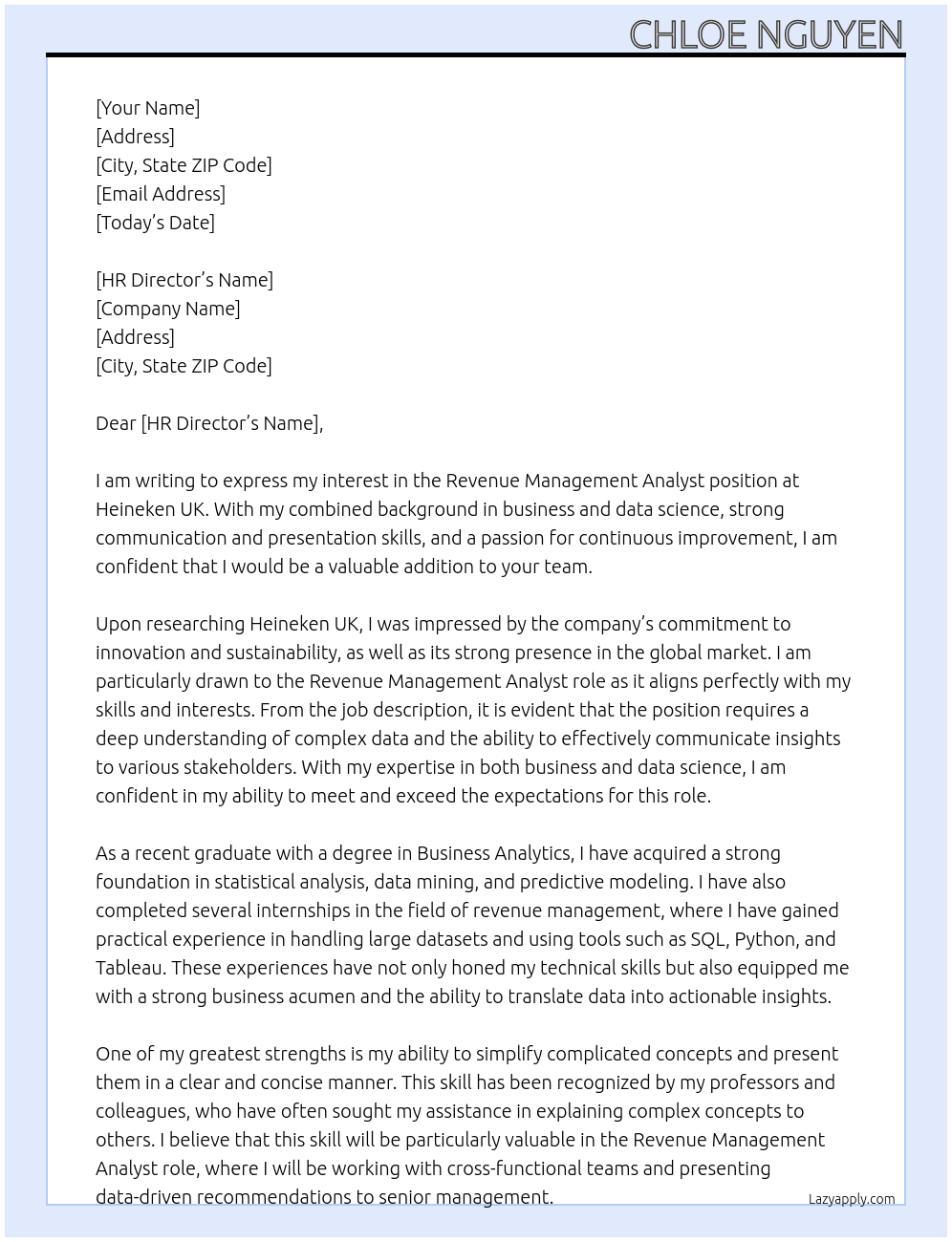 Revenue Management Analyst At Heineken UK Cover Letter