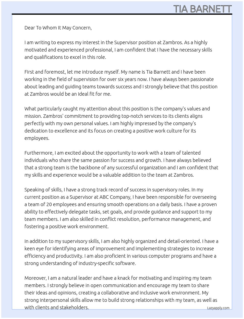 Supervisor At Zambros Cover Letter