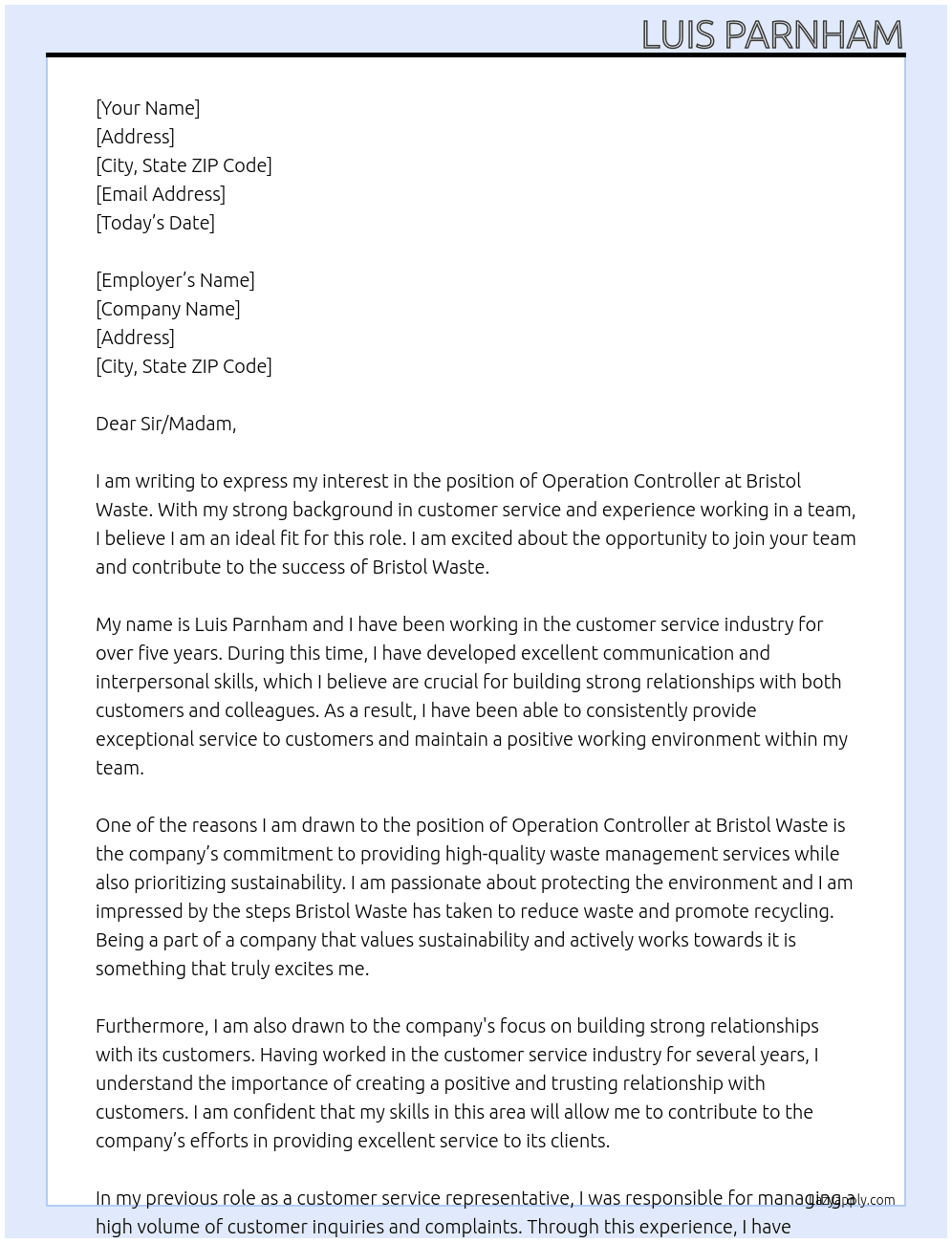 Operation controller At Bristol waste Cover Letter