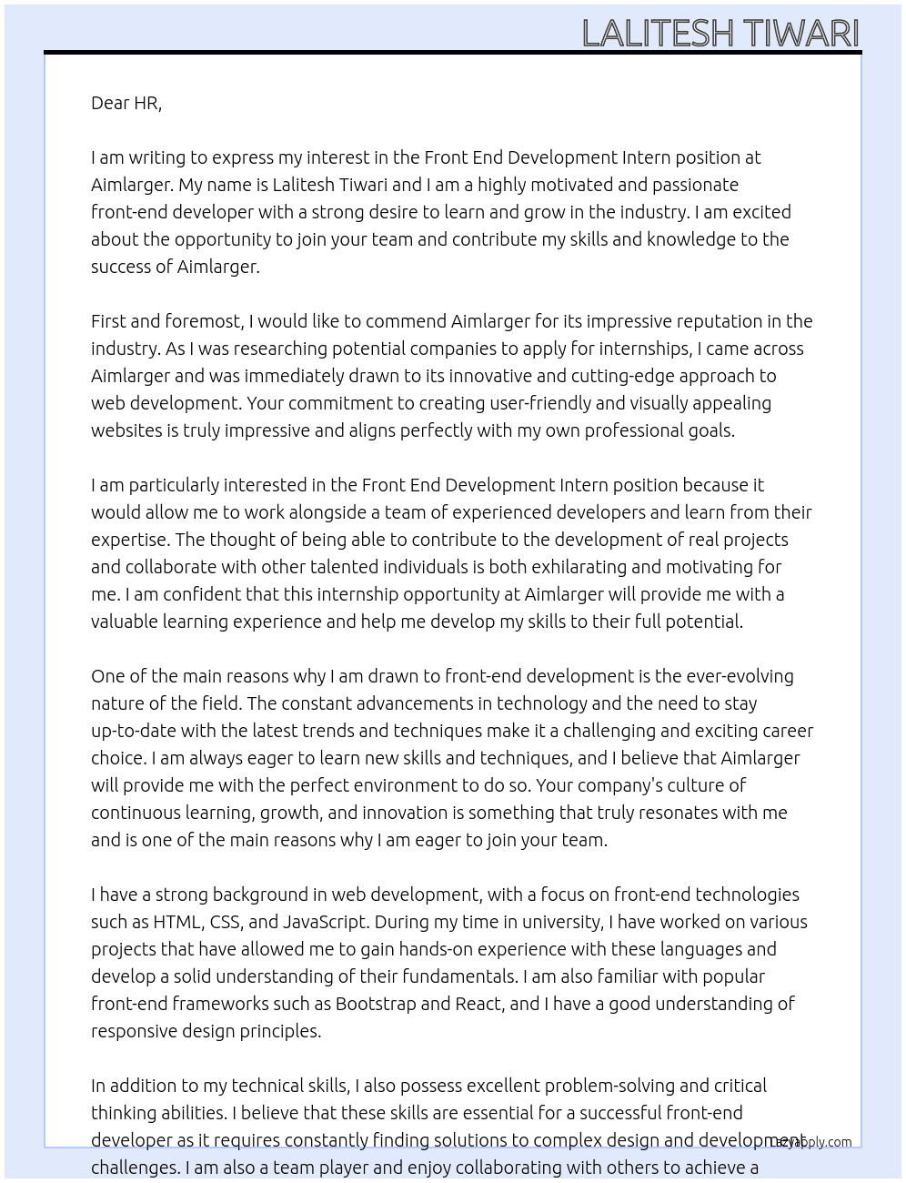 Front End Development Intern At Aimlarger Cover Letter