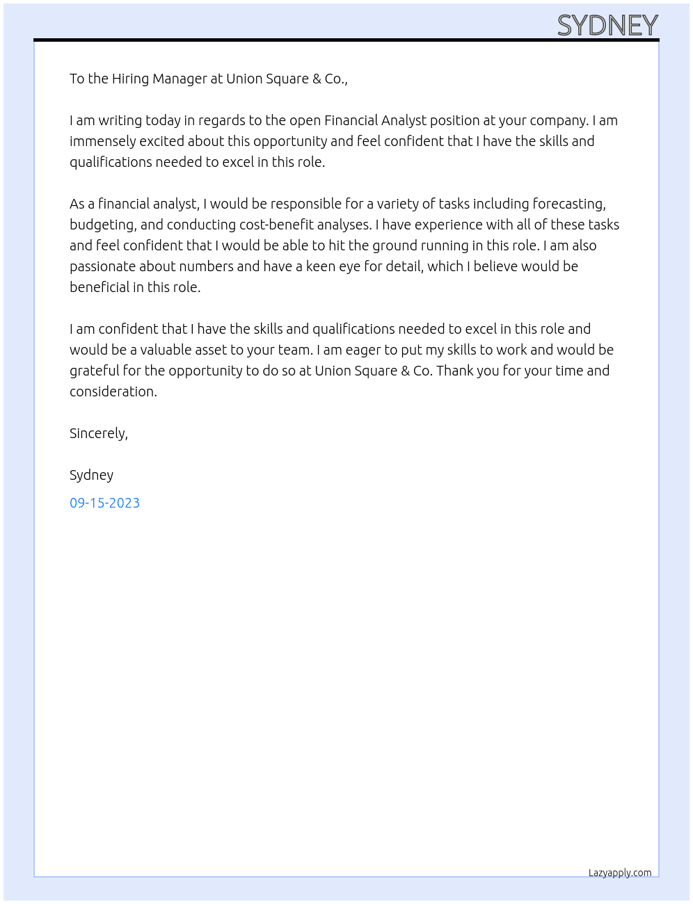 Financial Analyst At Union Square & Co. Cover Letter