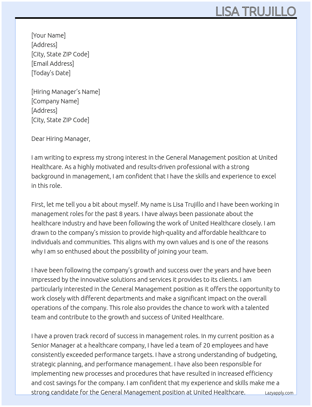 General Management  At United Healthcare Cover Letter