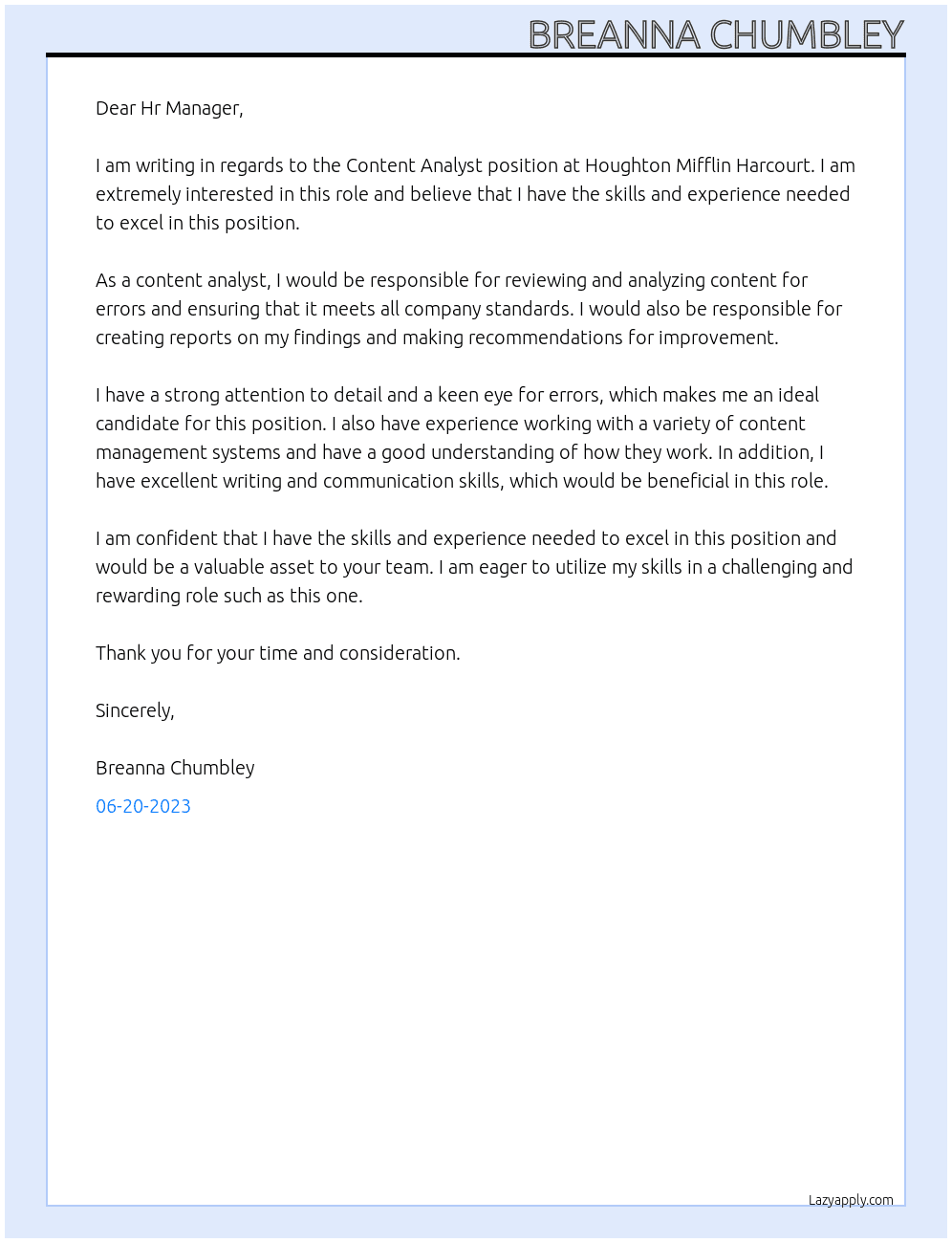 Content Analyst At  Houghton Mifflin Harcourt Cover Letter