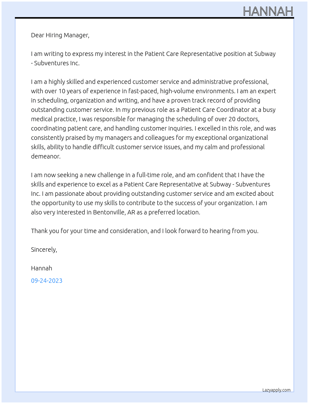 Patient Care Representative At Subway - Subventures Inc. Cover Letter