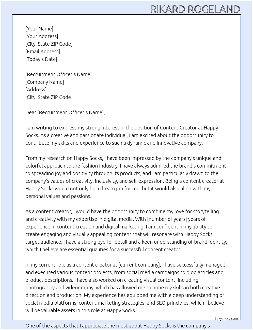 Content creator At Happy Socks Cover Letter