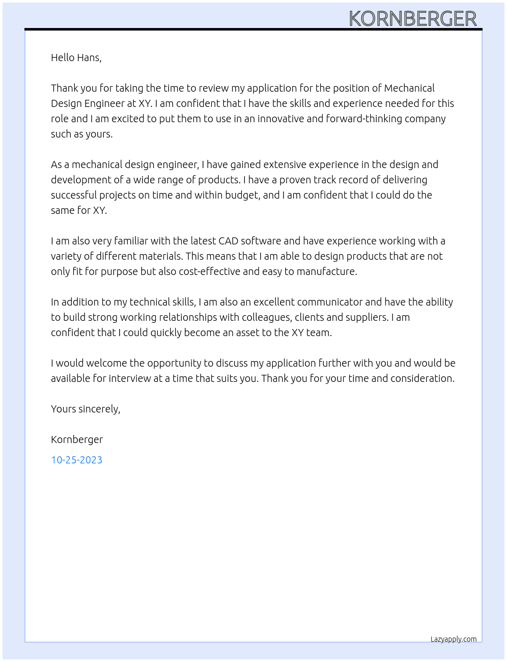 Mechanical design engineer At XY Cover Letter