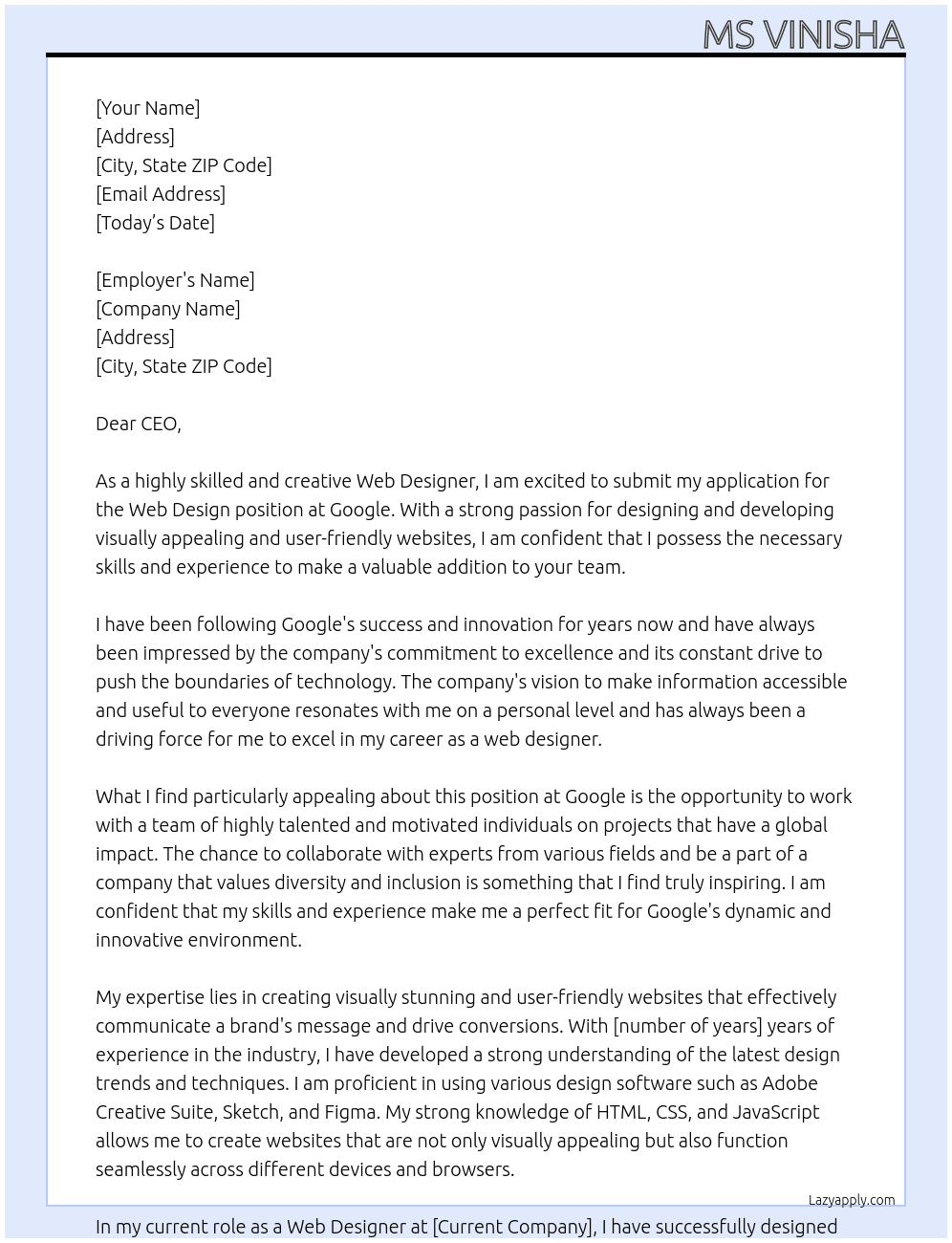 Cover letter for web desing - LazyApply