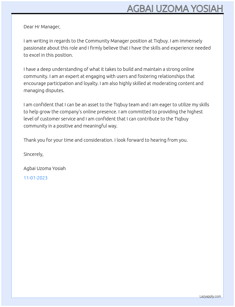 Community Manager At Tiqbuy Cover Letter