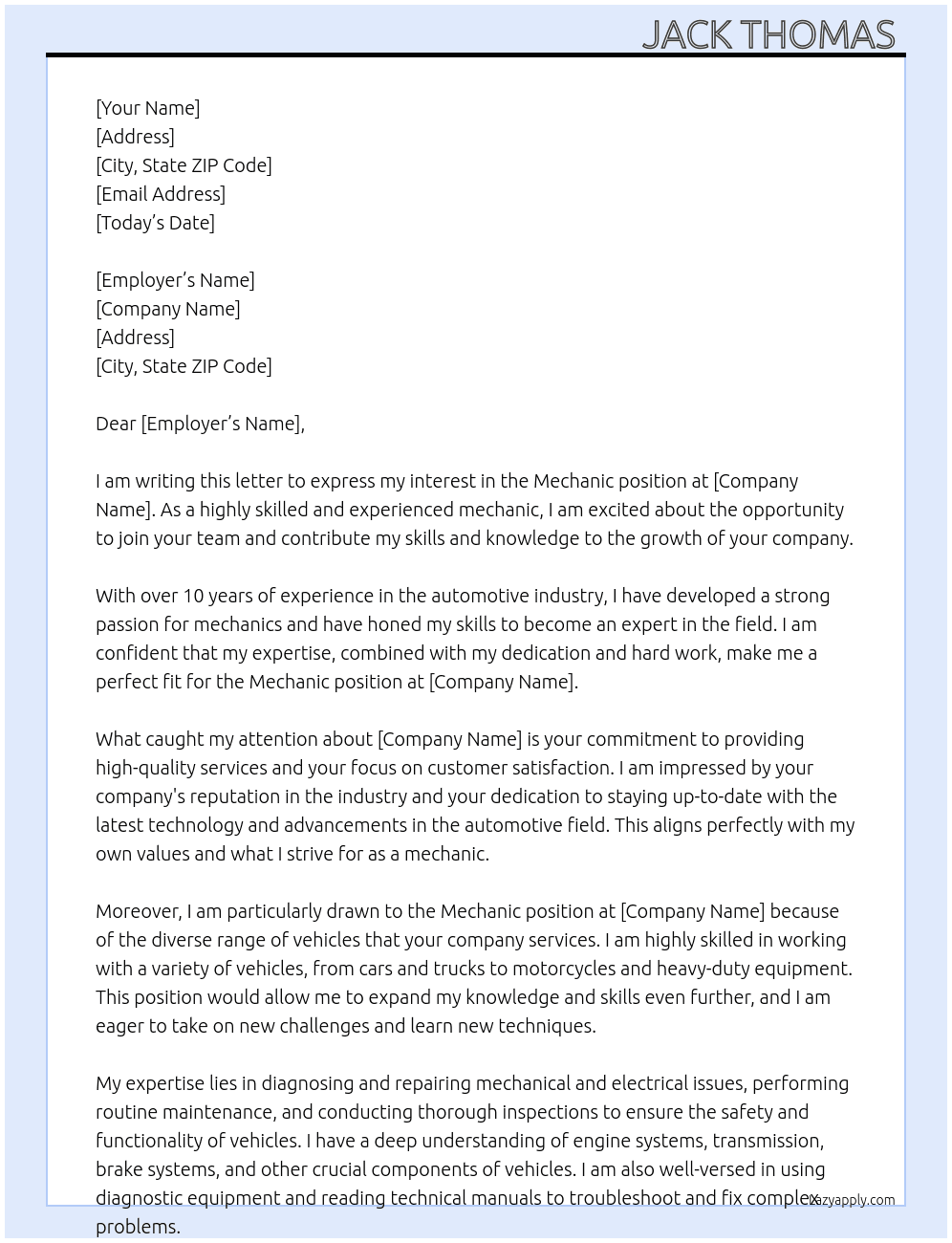 Mechanic  At . Cover Letter