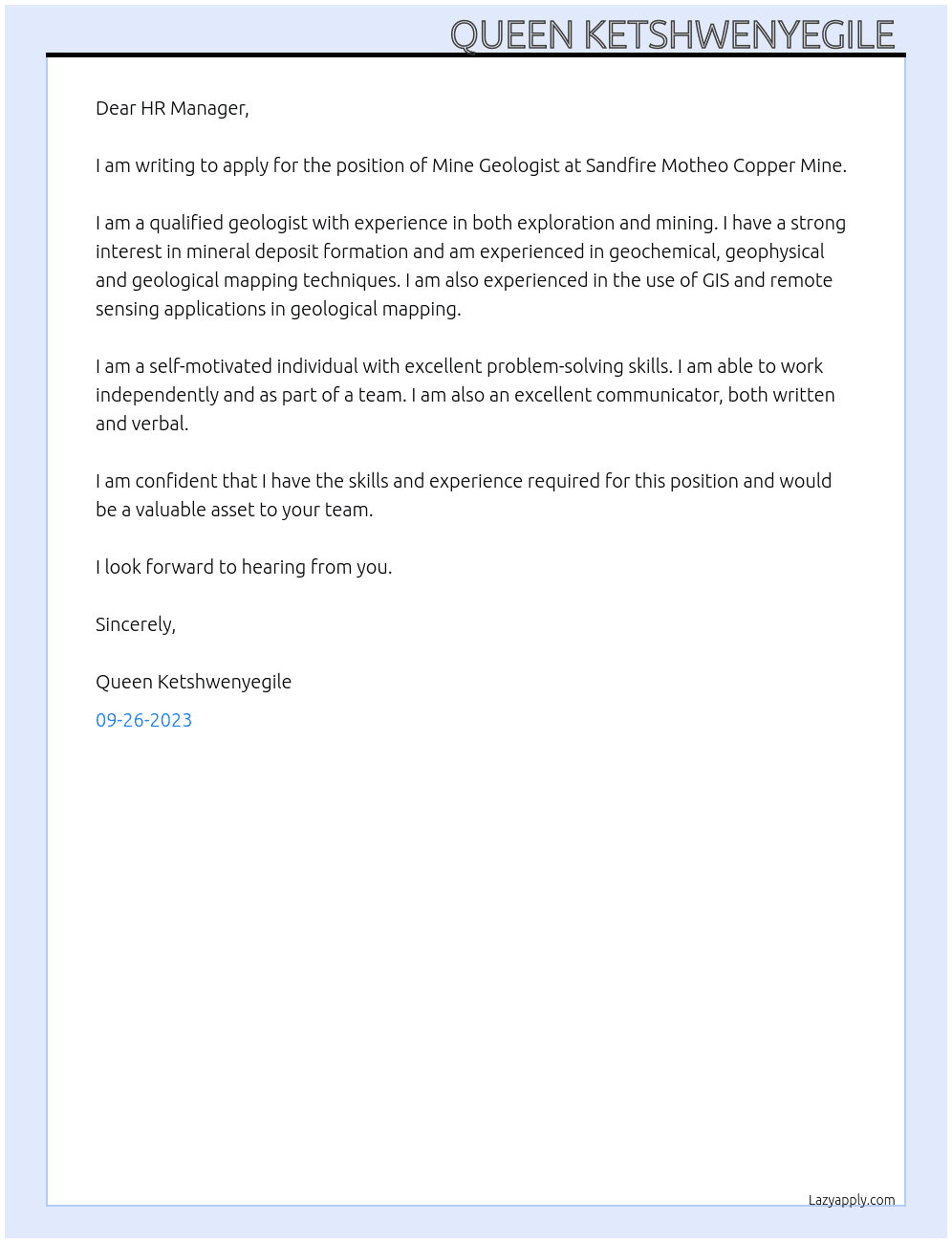 Mine geologist  At Sandfire Motheo Copper Mine  Cover Letter