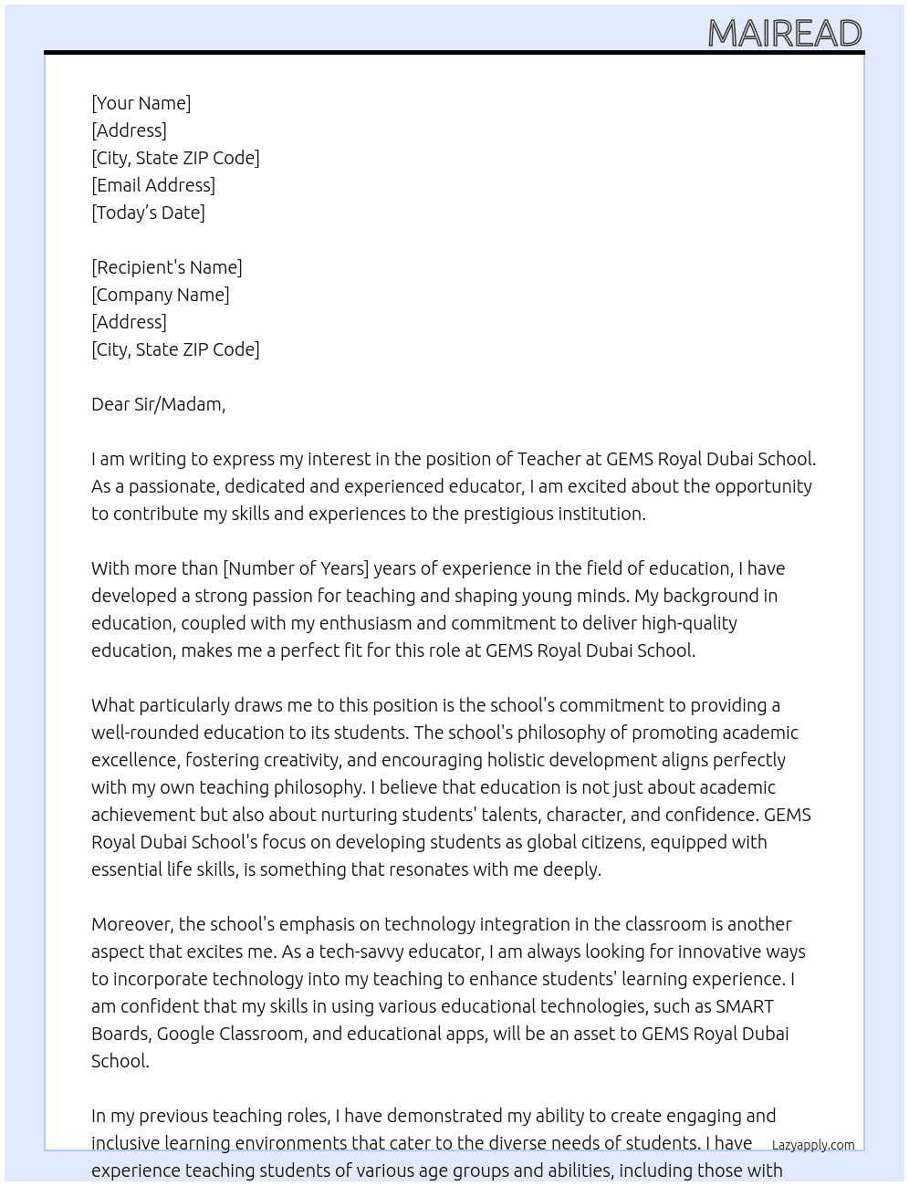 Teacher At GEMS Royal Dubai School Cover Letter