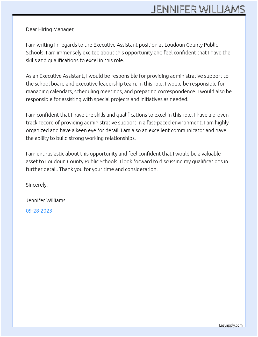 Executive Assistant  At Loudoun County Public Schools Cover Letter