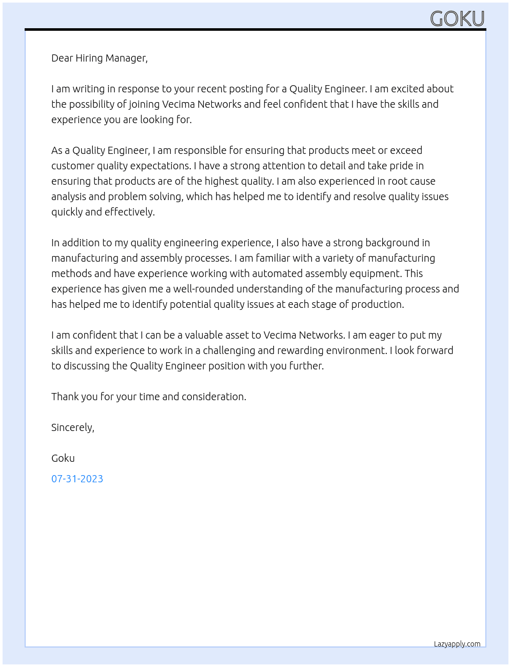 Quality Engineer At Vecima Networks Cover Letter