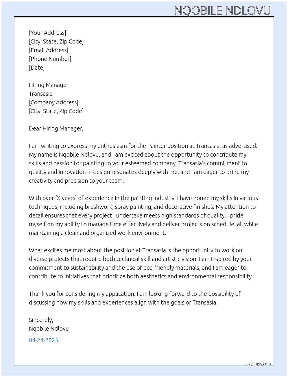Painter  At Transasia Cover Letter