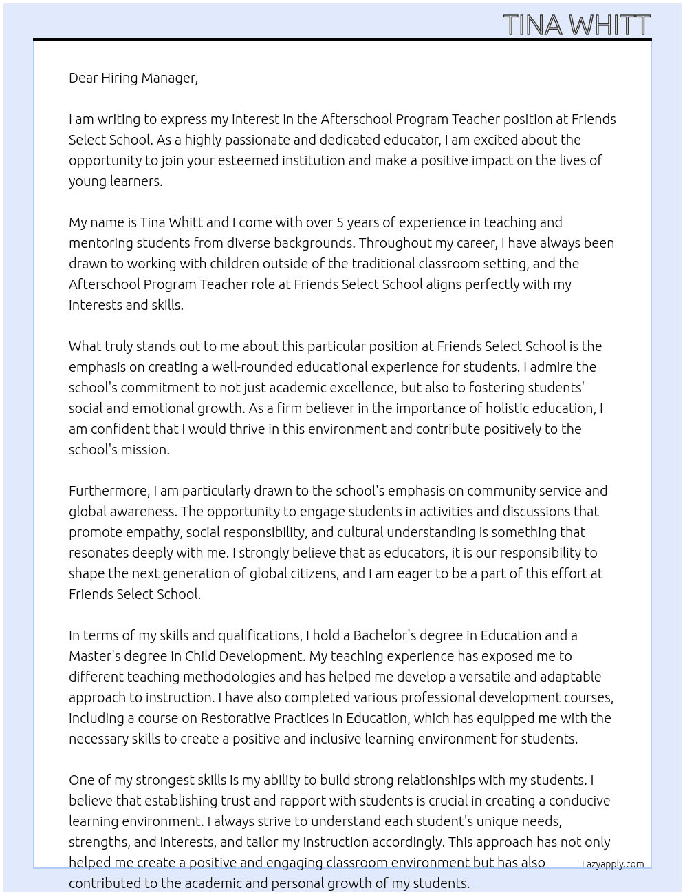 afterschool program teacher At Friends Select School Cover Letter