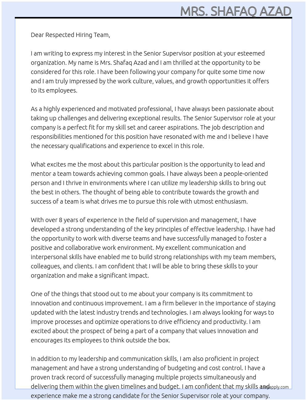 Senior Supervisor At . Cover Letter