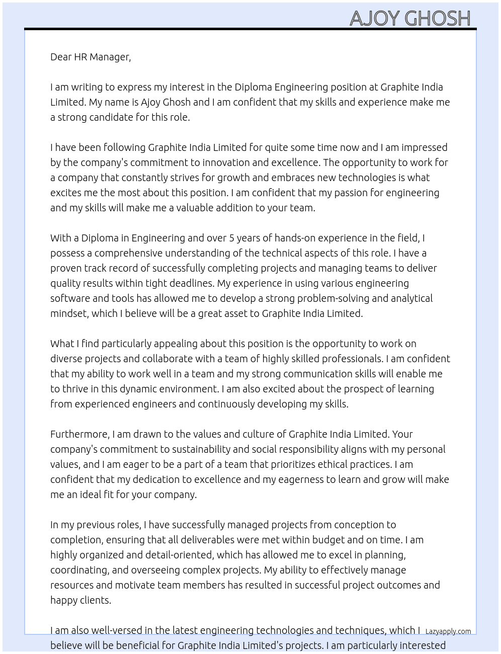 Diploma engineering  At Graphite India limited  Cover Letter