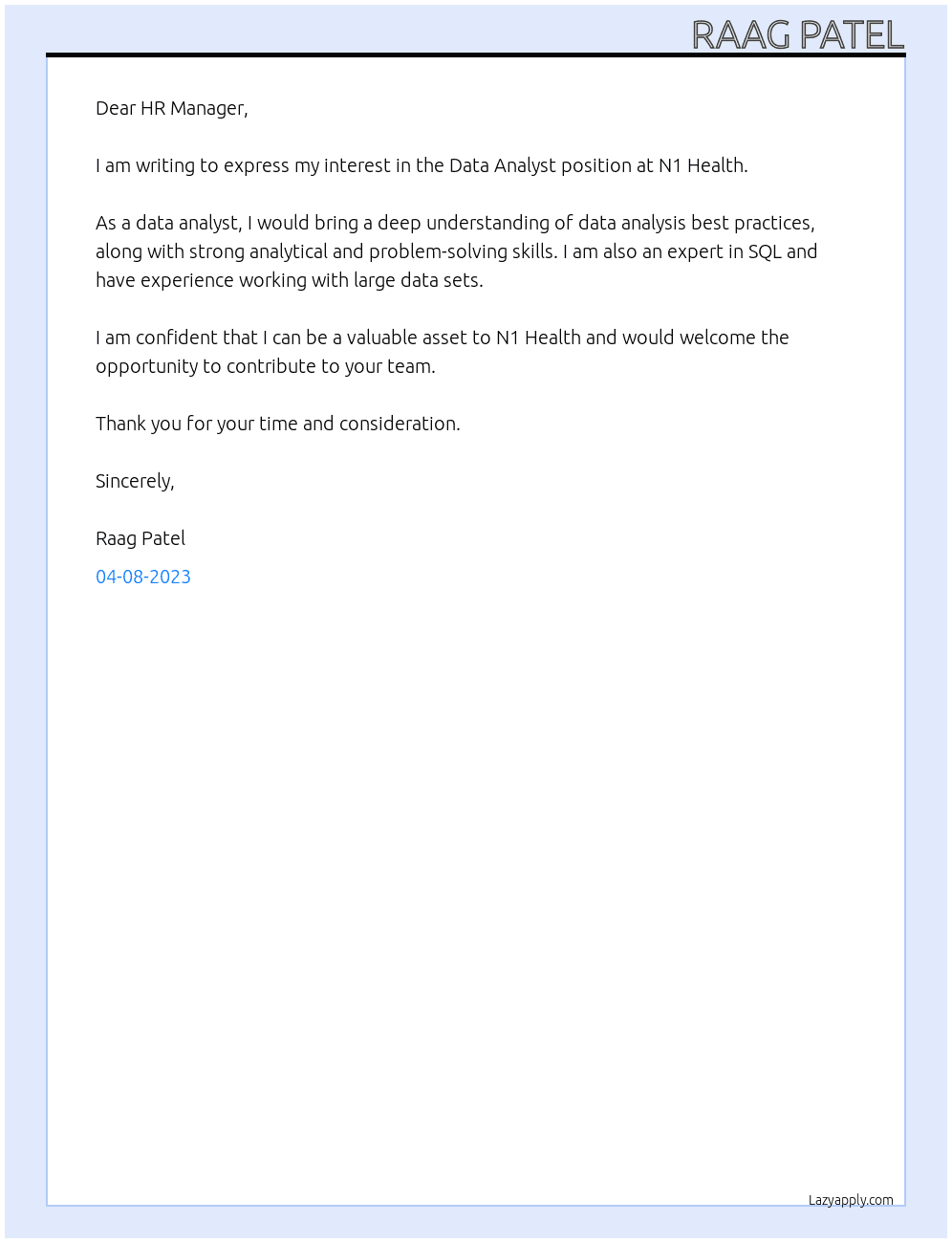 Data Analyst At N1 Health Cover Letter