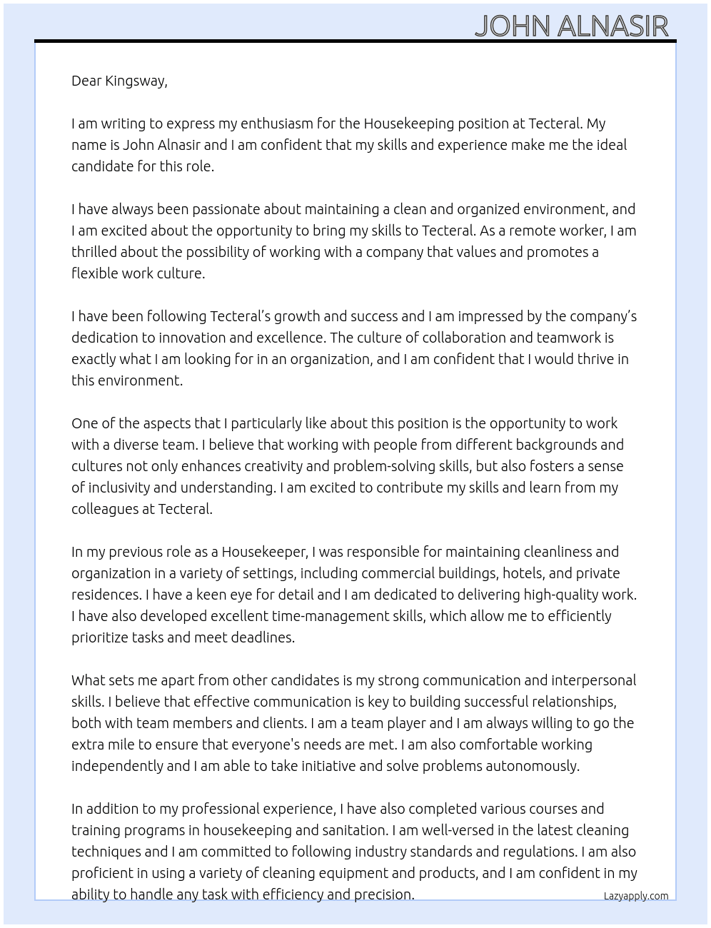 Housekeeping  At Tecteral Cover Letter