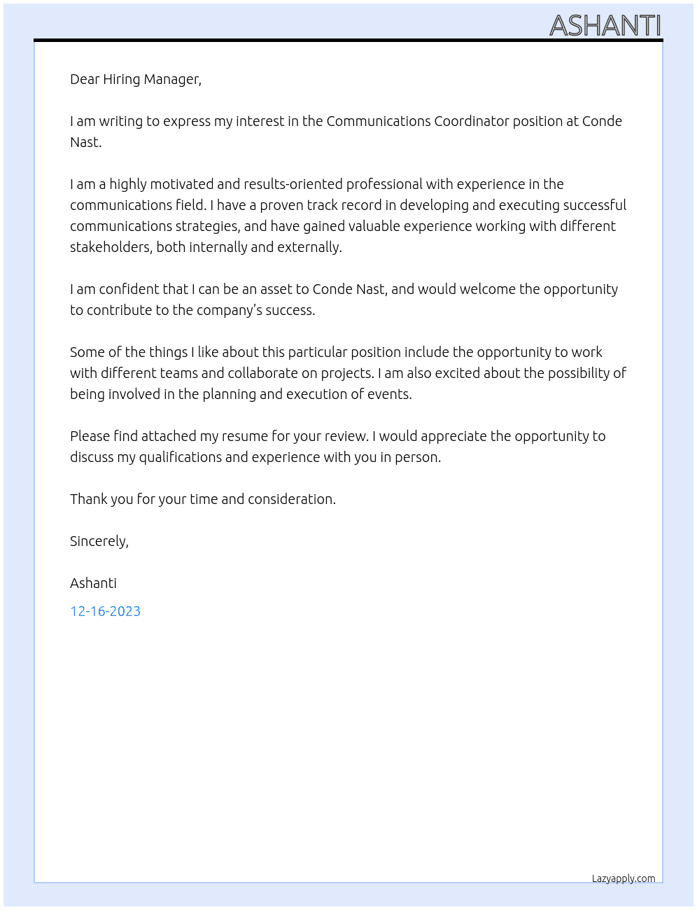 Communications Coordinator At Conde Nast Cover Letter