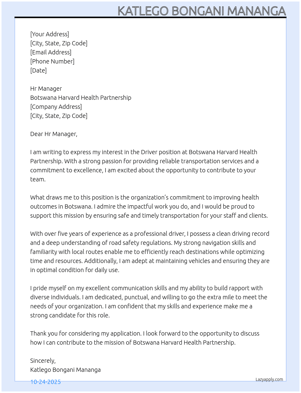 Driver At Botswana Harvard health partnership  Cover Letter