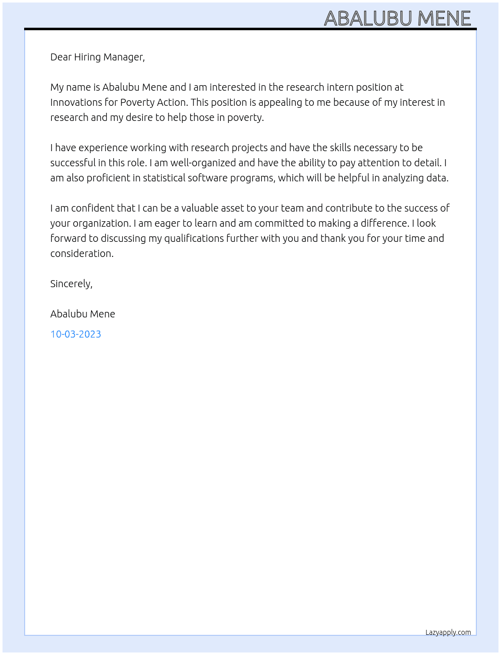 Research Intern  At Innovations for Poverty Action  Cover Letter