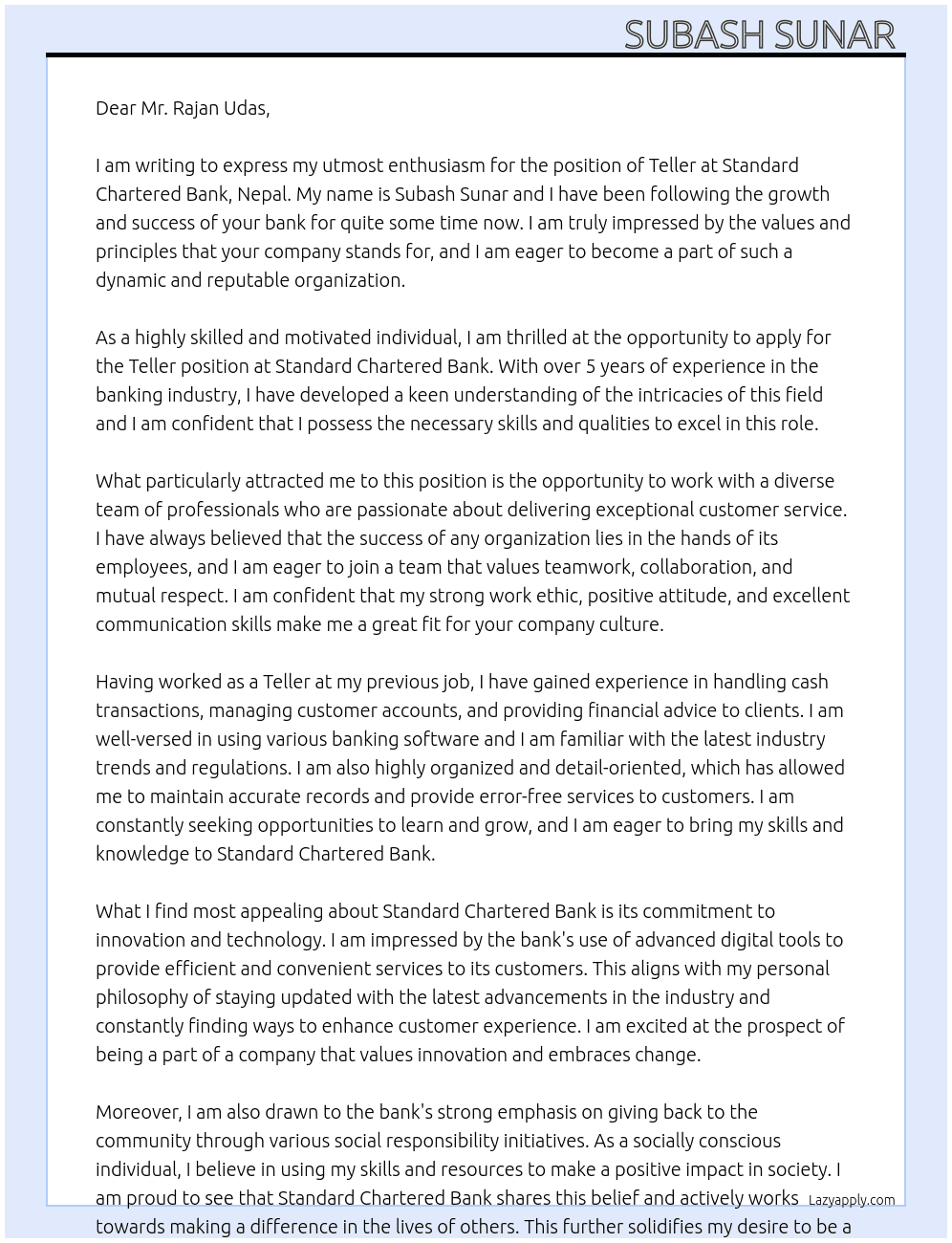 Teller At Standard Chartered Bank, Nepal Cover Letter