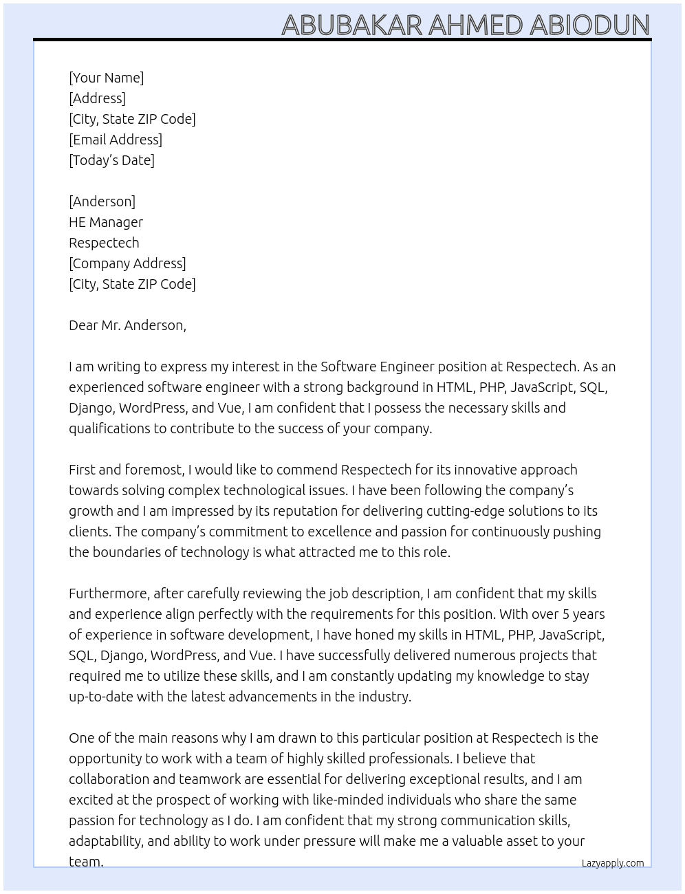 Software Engineer At Respectech Cover Letter