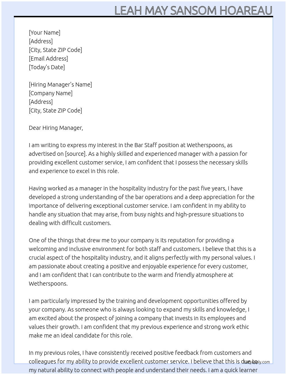 Bar staff  At Wetherspoons Cover Letter