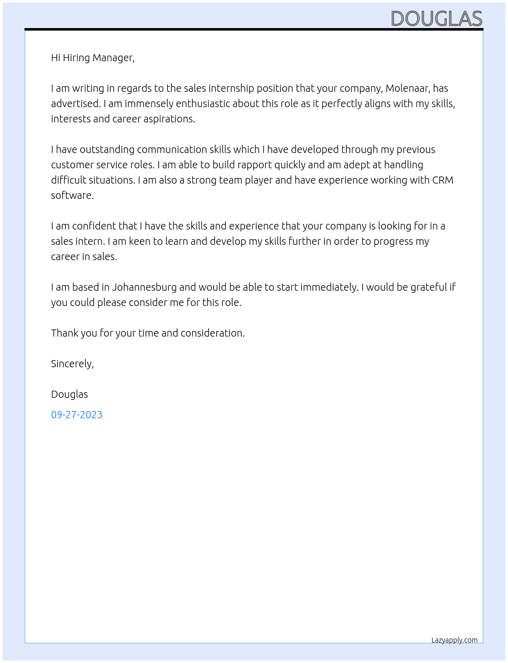 sales internship At Molenaar Cover Letter