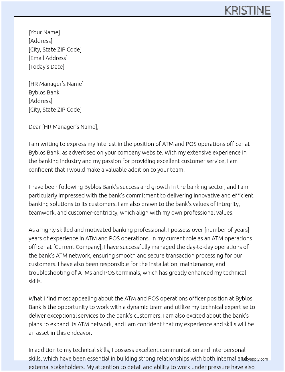 ATM and POS operations officer At Byblos Bank Cover Letter