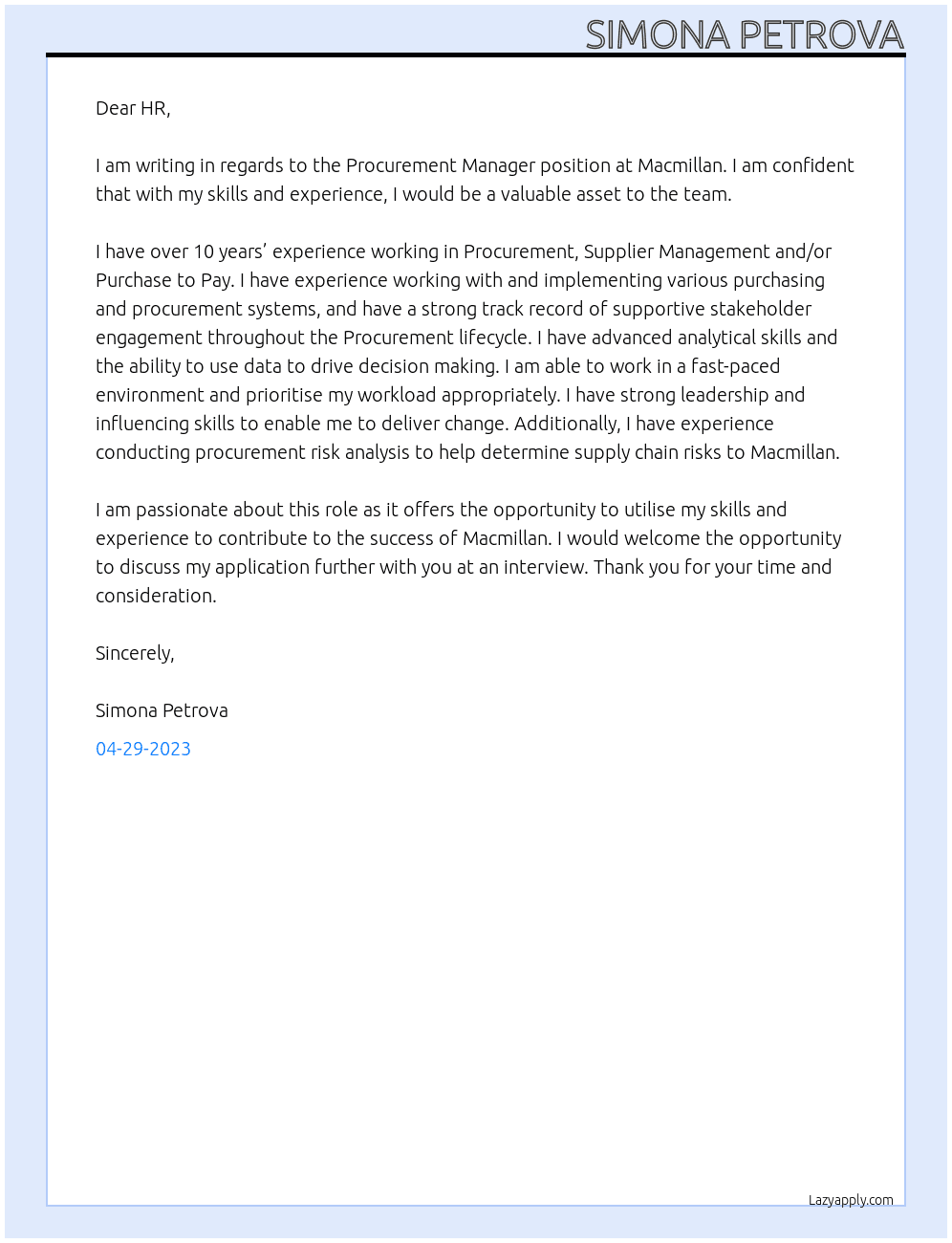 Procurement Manager At Macmillian Cover Letter