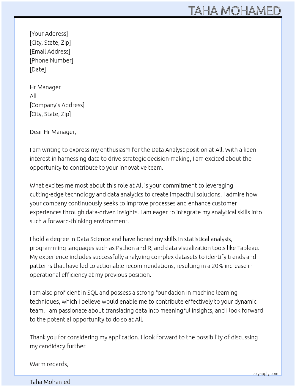 DATA ANALYST At All Cover Letter