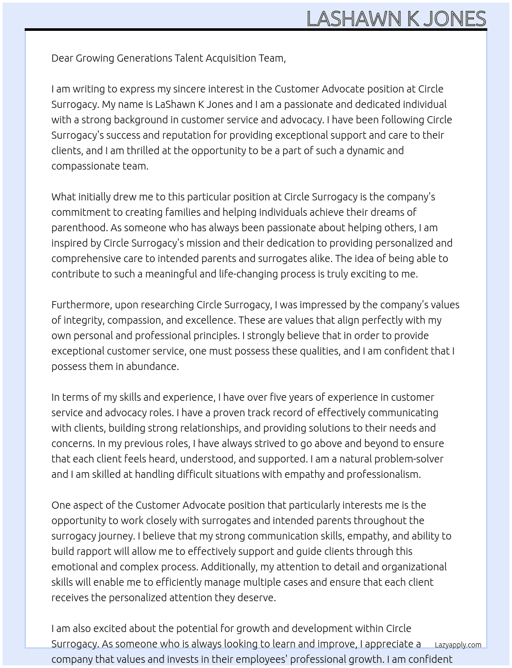 Customer Advocate At Circle Surrogacy Cover Letter