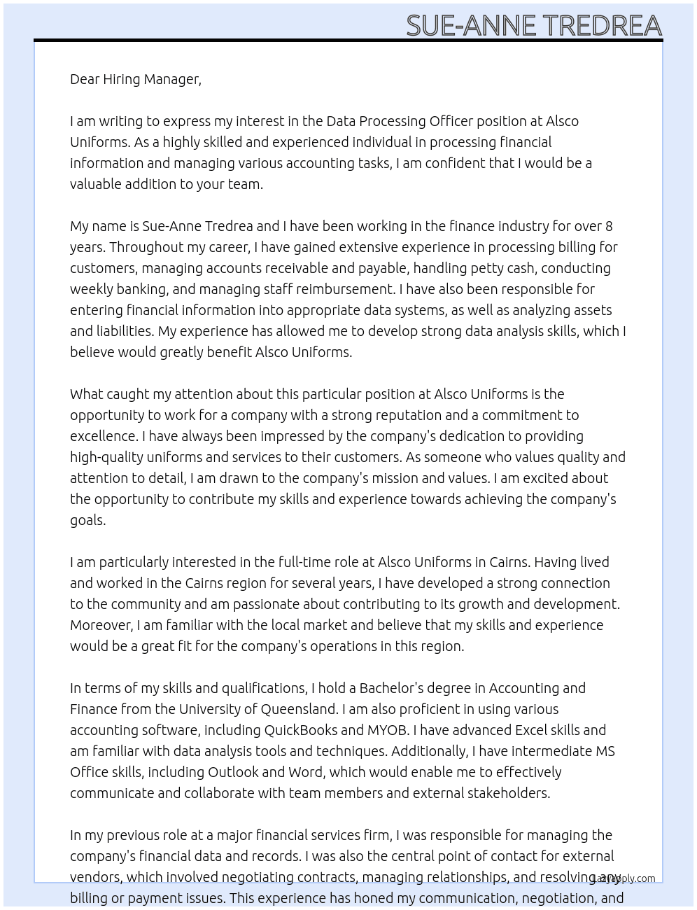 Data Processing Officer At Alsco Uniforms Cover Letter