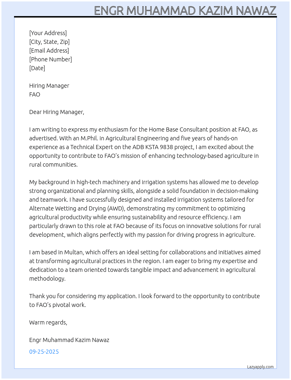 Home base consultant At FAO Cover Letter