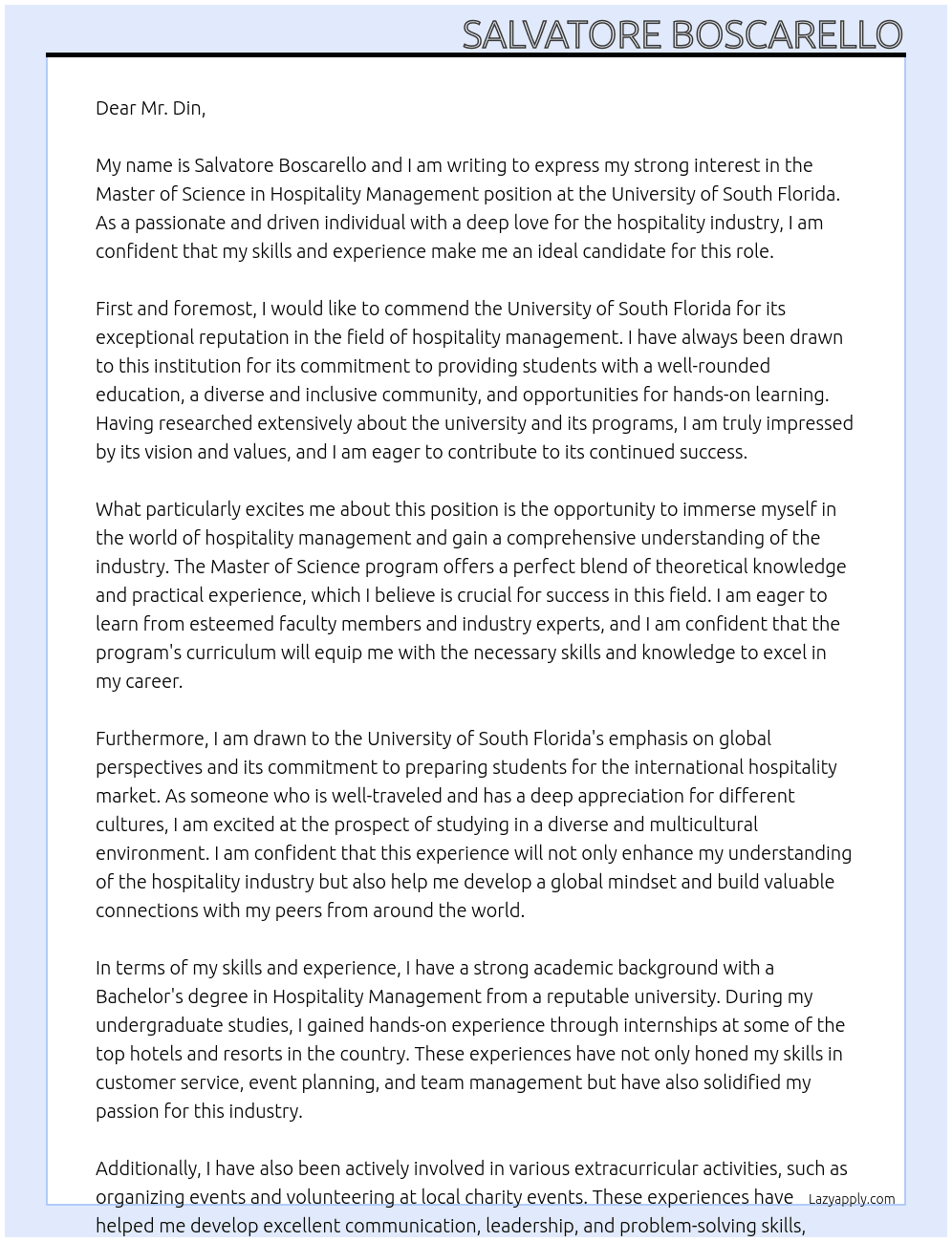 Master of Science in Hospitality Management At UNIVERSITY OF SOUTH FLORIDA Cover Letter