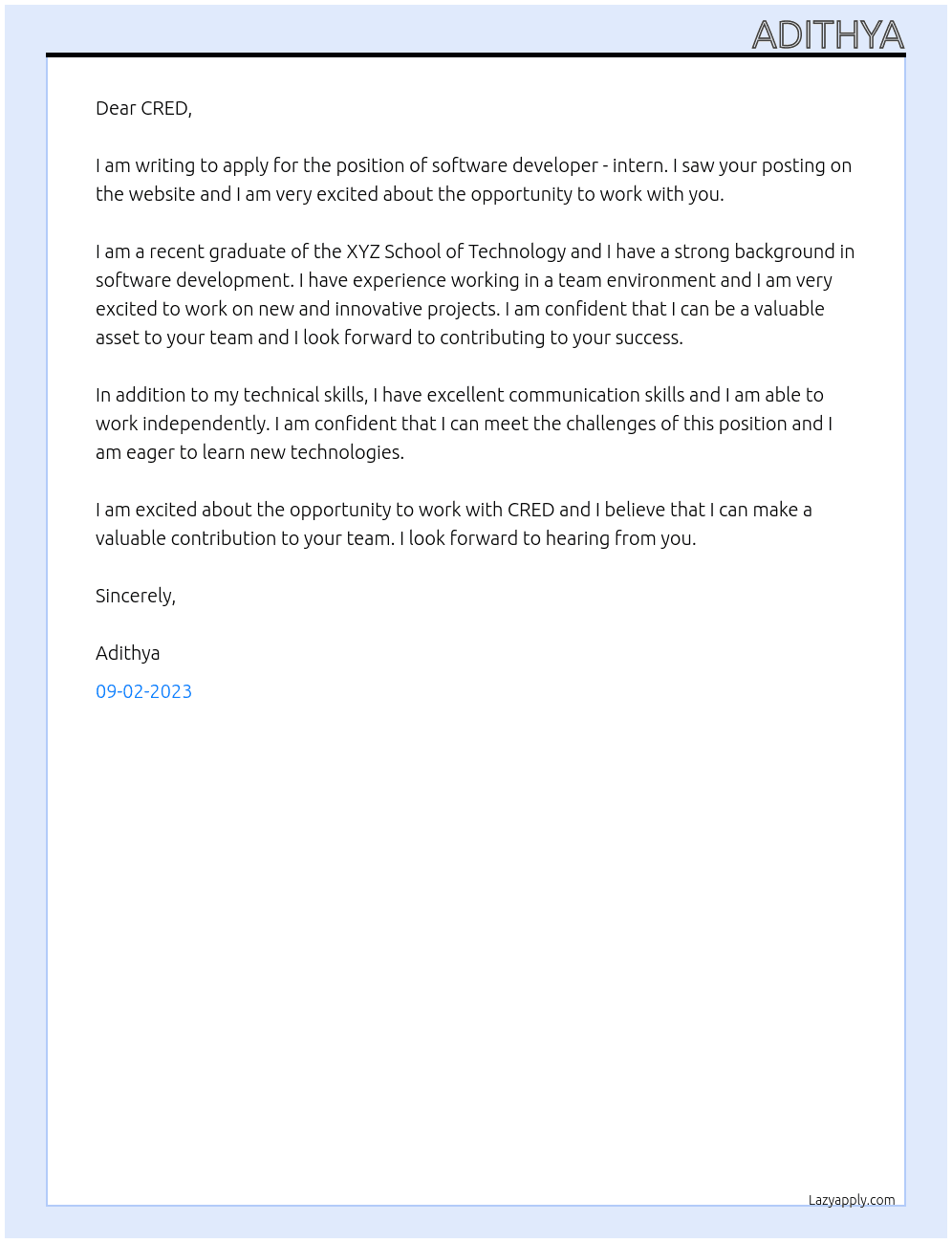 software developer - intern At CRED Cover Letter