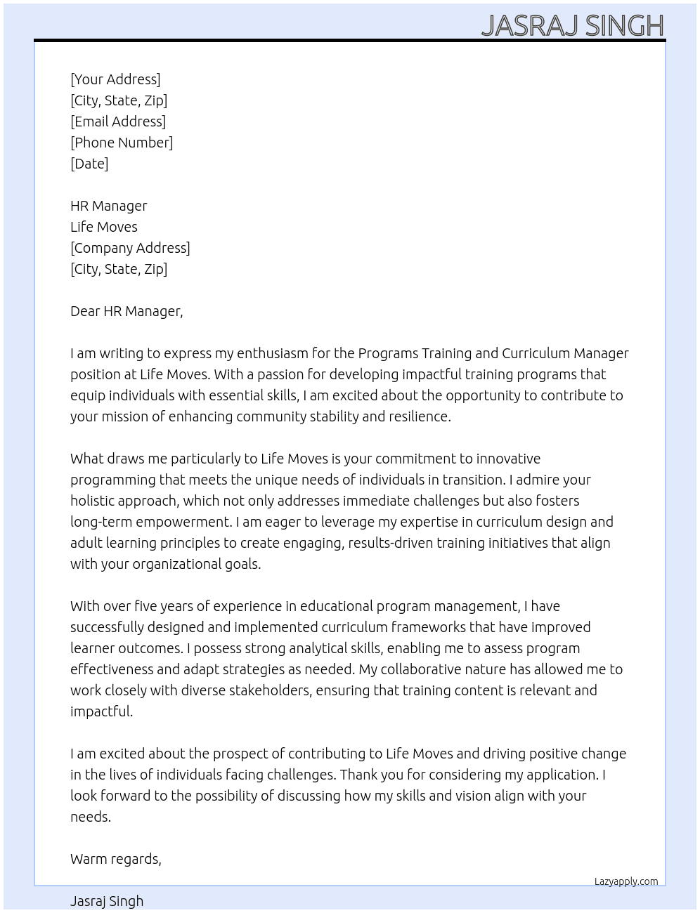 Programs Training and Curriculum Manager At Life Moves Cover Letter