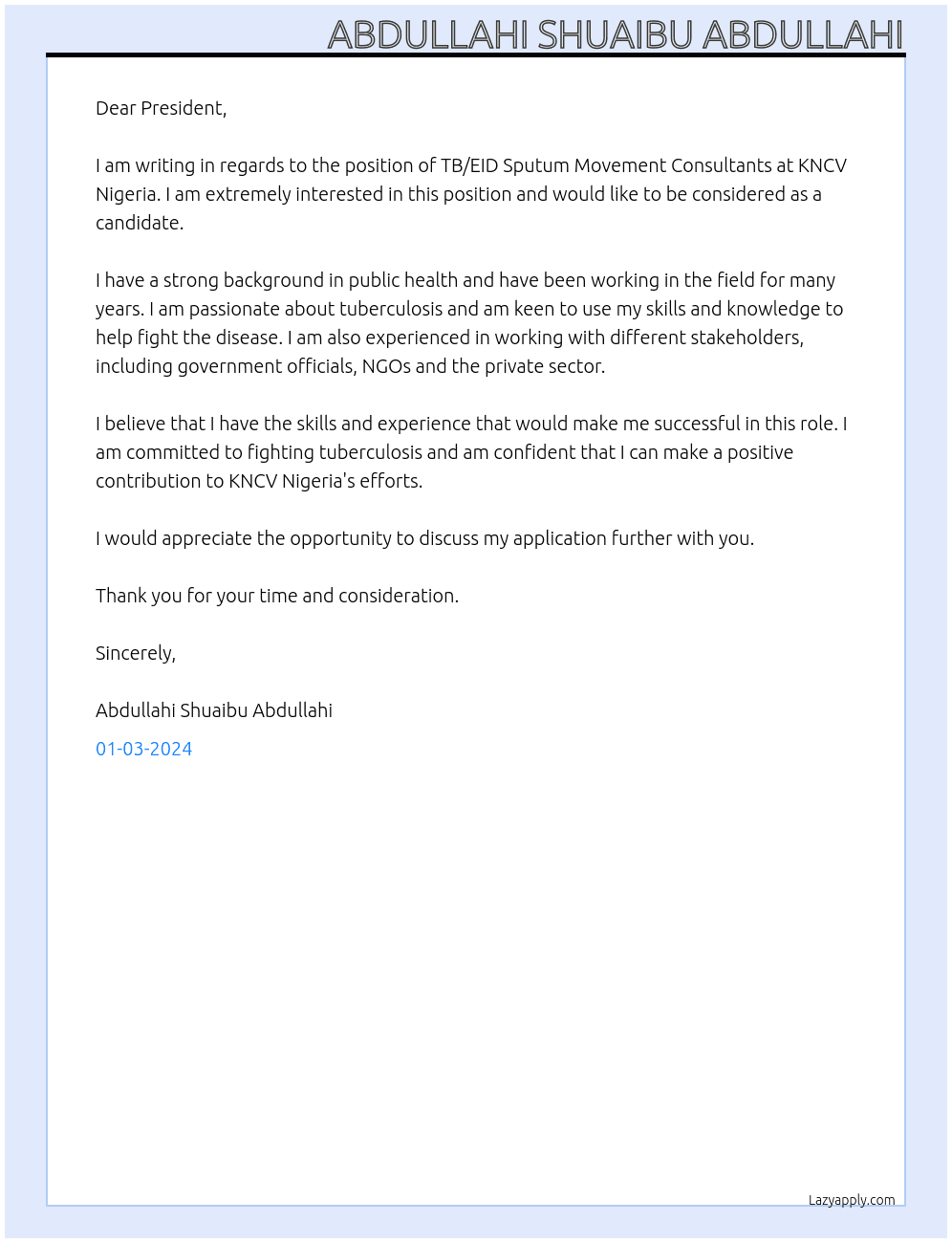TB/EID Sputum Movement Consultants At KNCV NIGERIA  Cover Letter