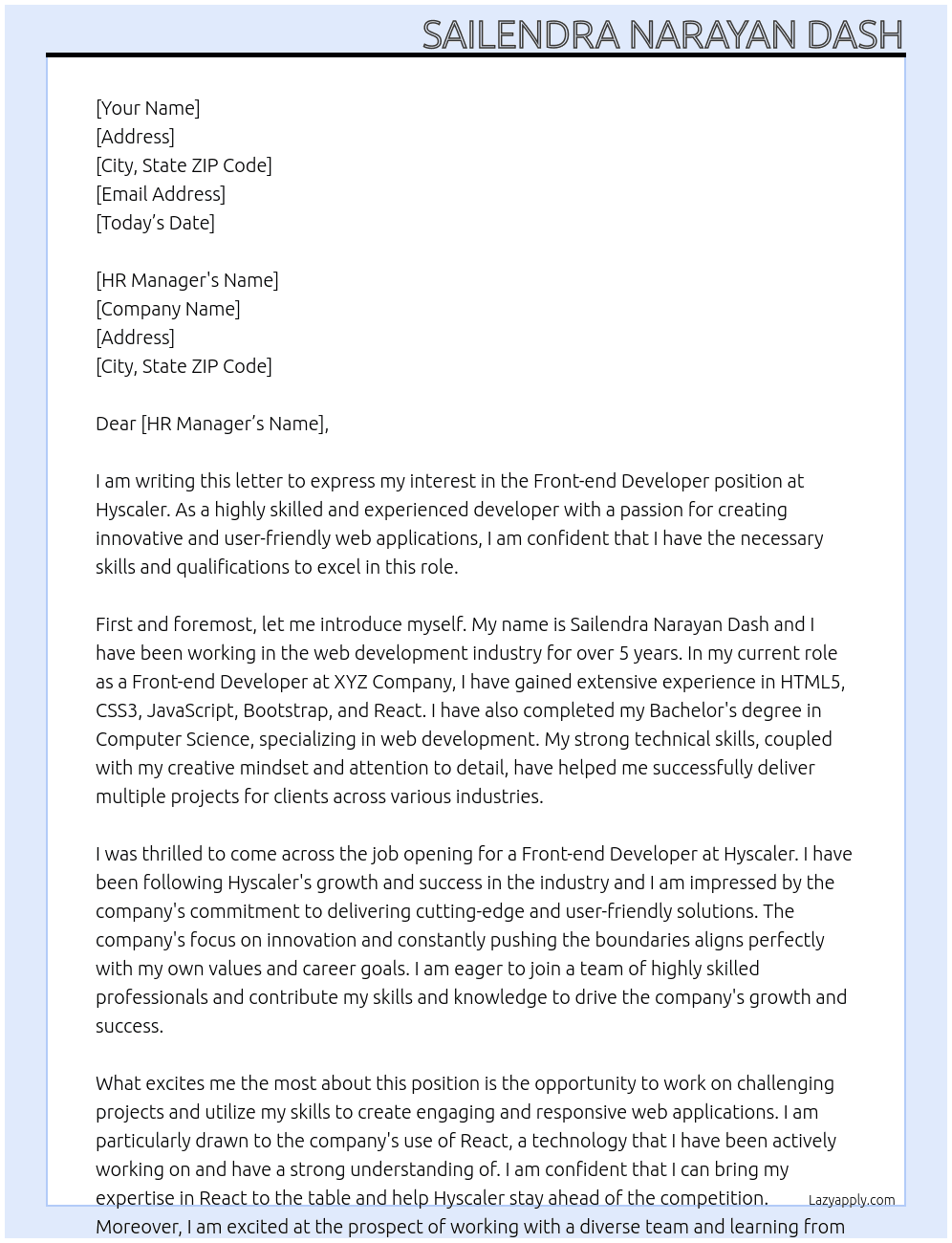 Front end developer  At Hyscaler Cover Letter