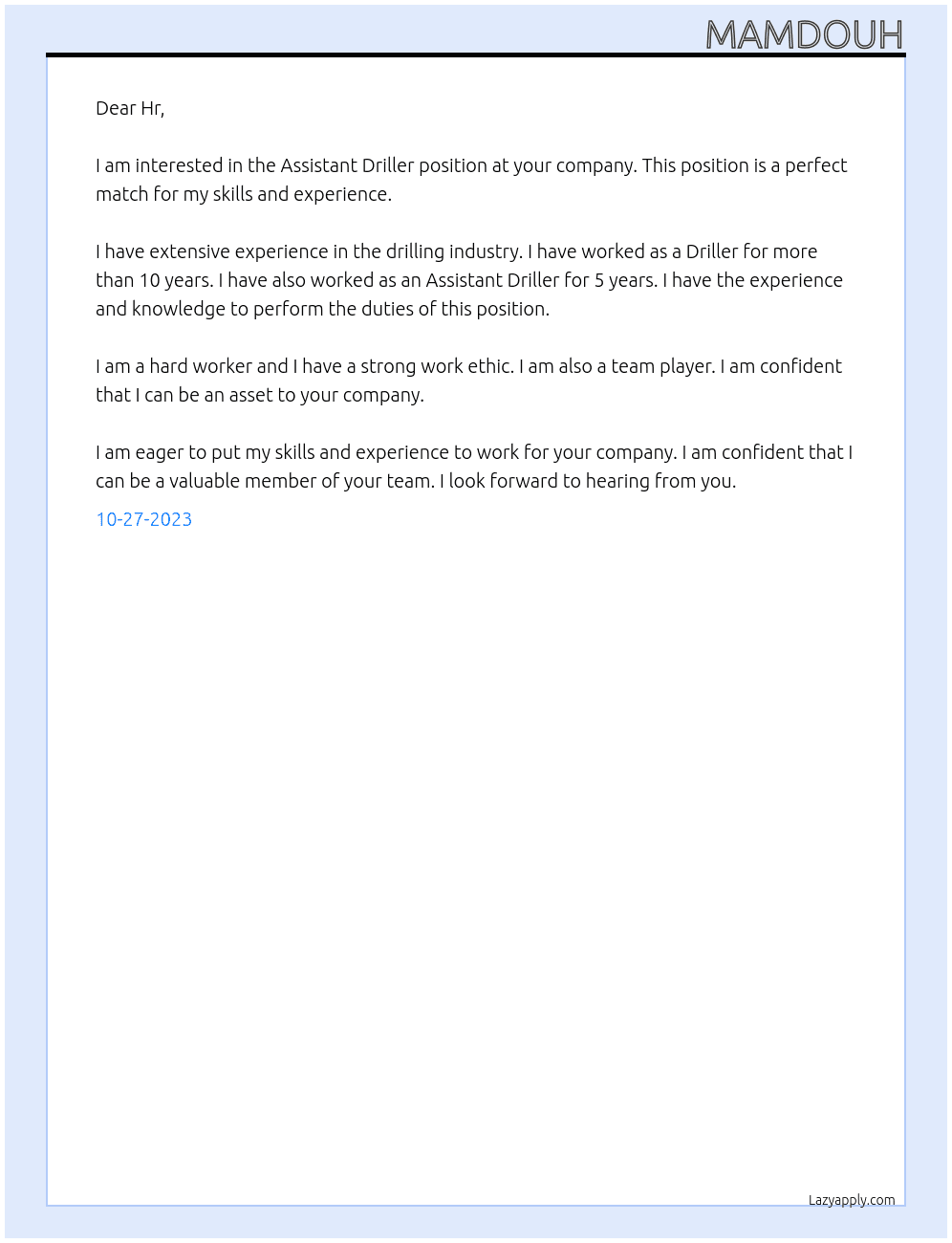 Assistant Driller At Ii Cover Letter