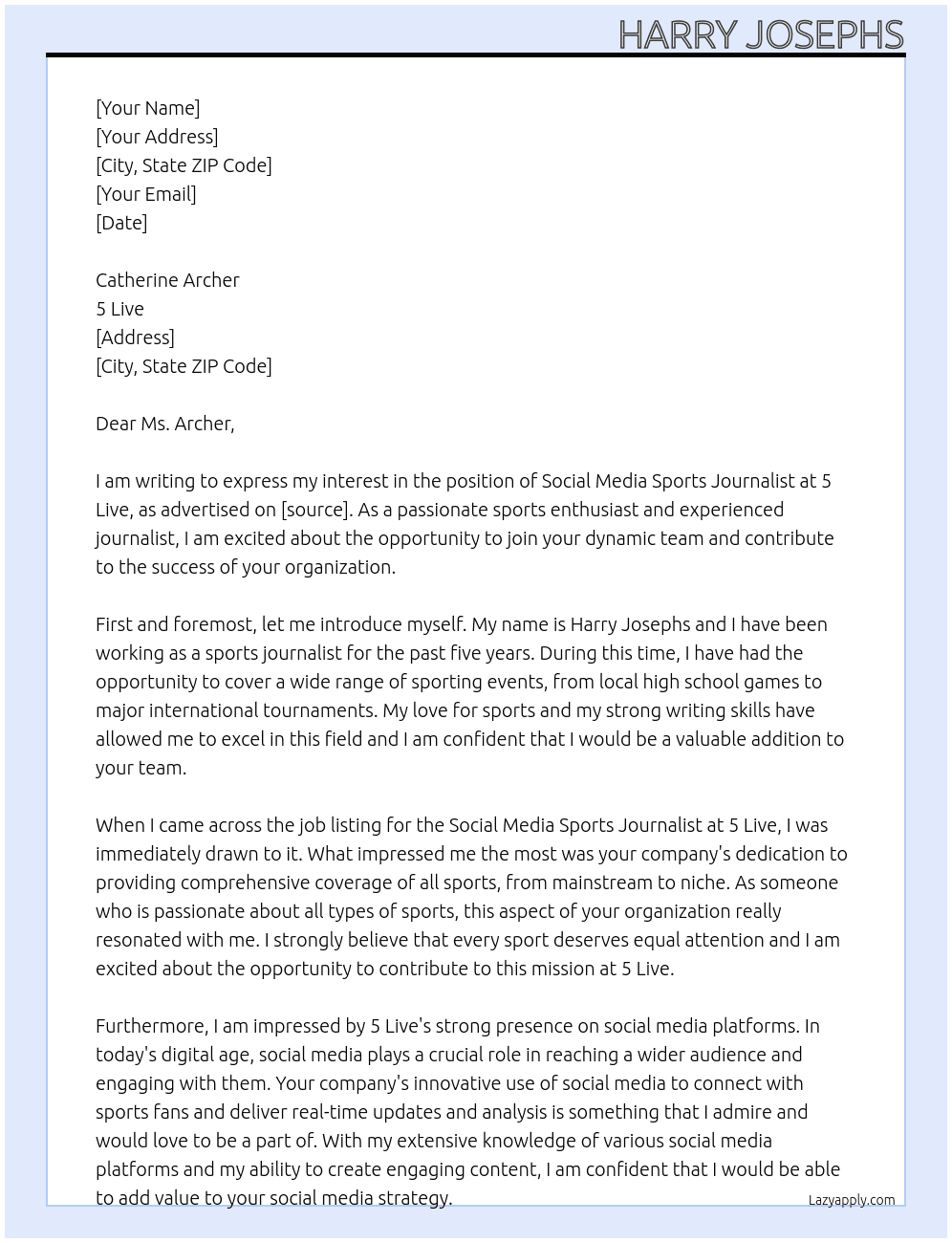 Social Media Sports Journalist At 5 Live Cover Letter