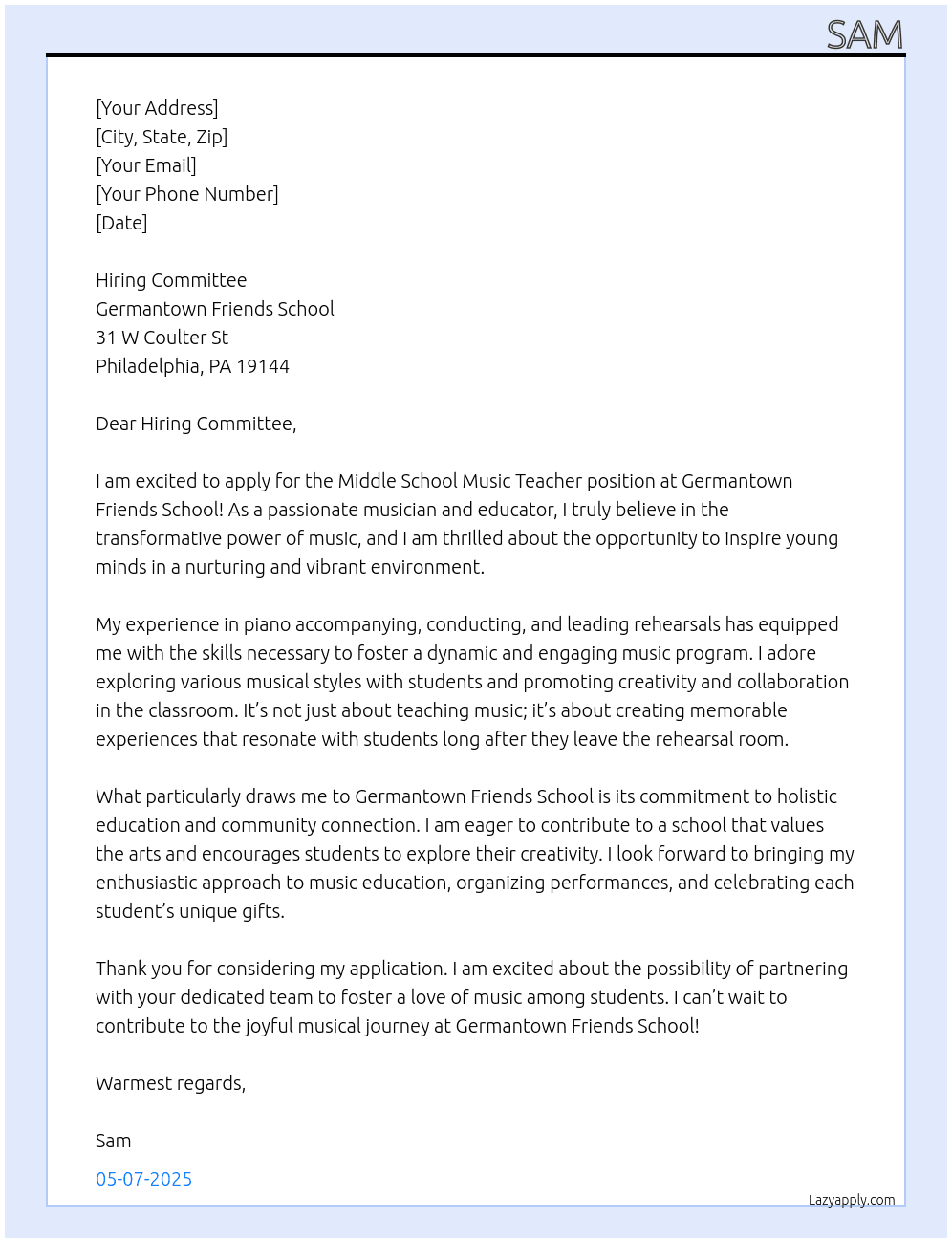Middle School Music Teacher At Germantown Friends School Cover Letter