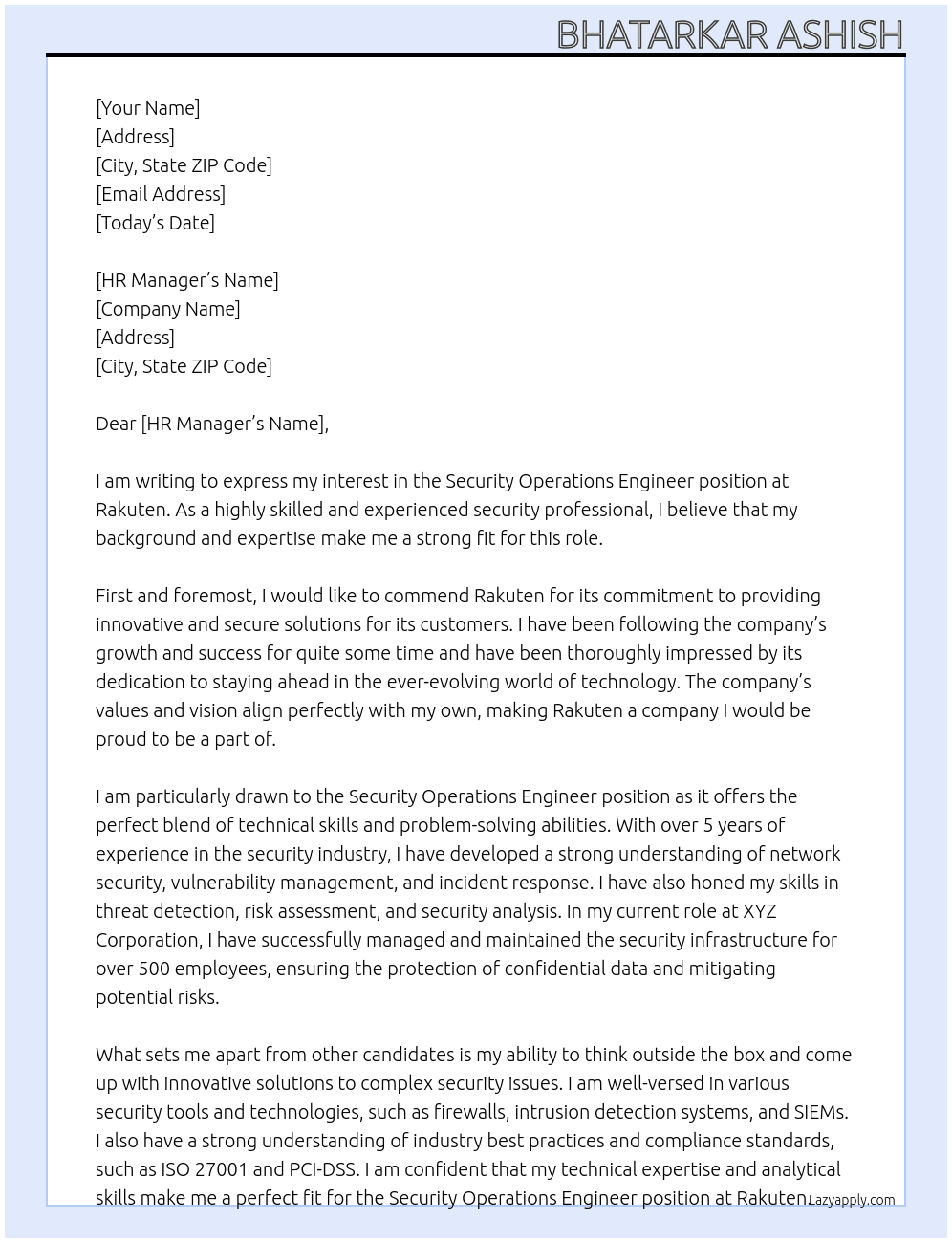 Security operations engineer At Rakuten Cover Letter