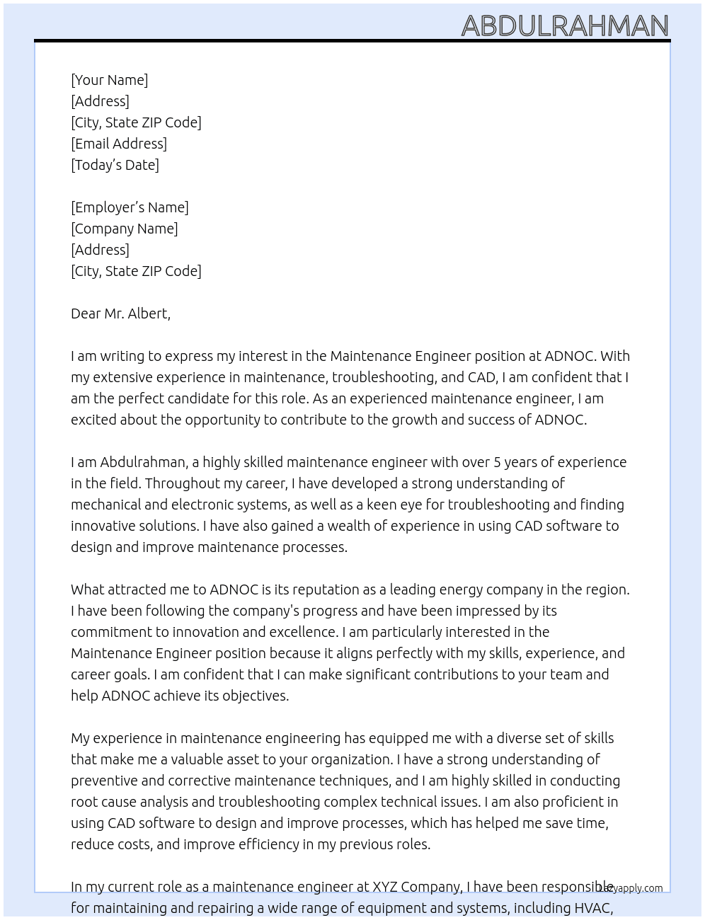 maintenance engineer At adnoc Cover Letter
