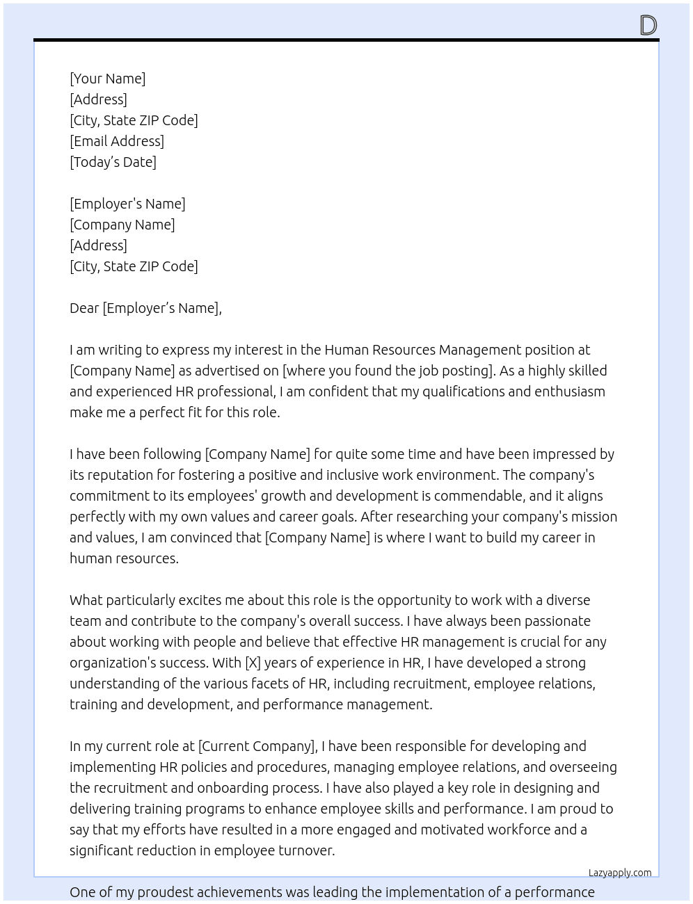 human resources management At d Cover Letter